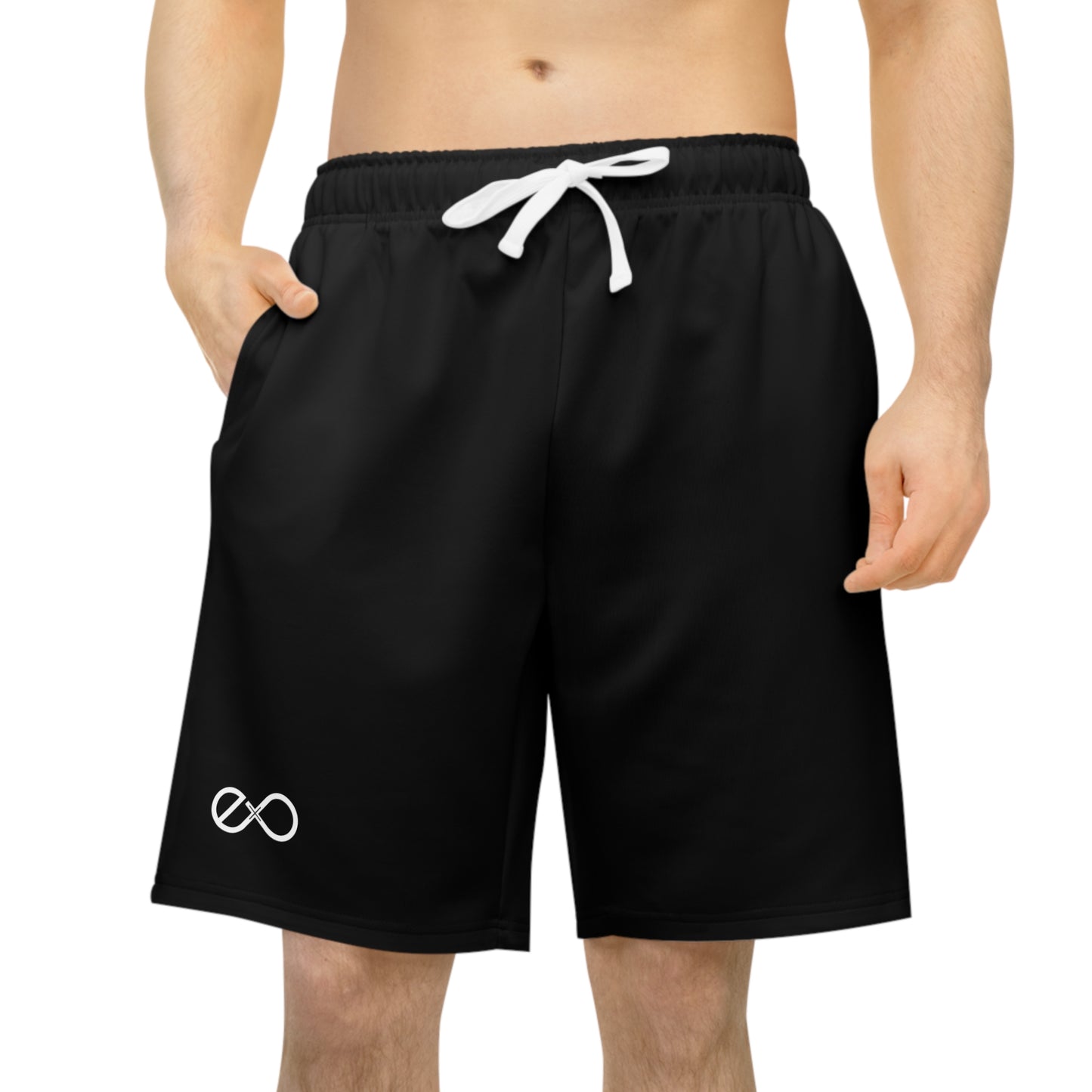 Athletic Long Shorts – Black Performance Workout Shorts with Small Infinity Logo