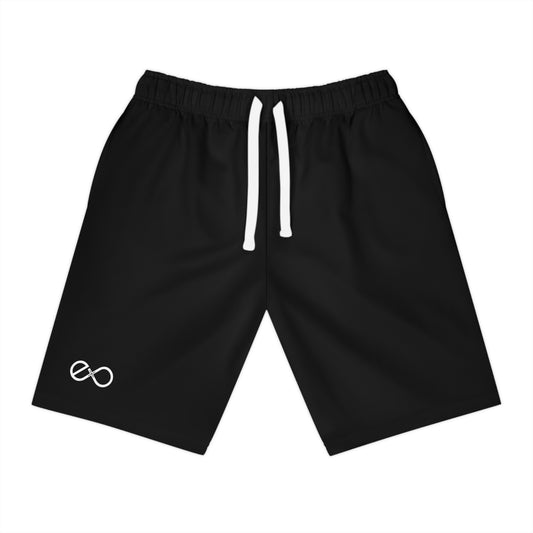 Athletic Long Shorts – Black Performance Workout Shorts with Small Infinity Logo